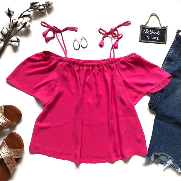 J. Crew Factory Tops - New! J. Crew Bright Pink Tassel Cold Shoulder Tank